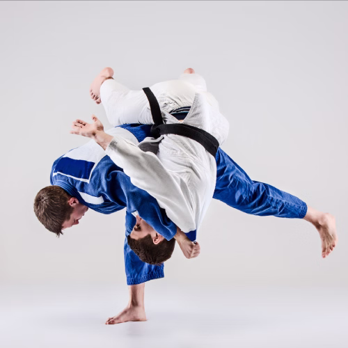 Dos adultos practicando una técnica de llaves durante una clase de artes marciales en Madrid