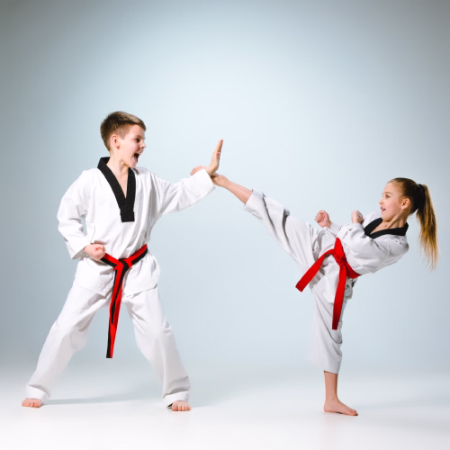 Grupo de niños y niñas entrenando en una clase de artes marciales en Madrid dentro de una escuela