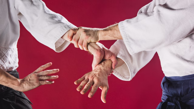 Cuatro manos practicando una técnica de defensa personal en una clase de artes marciales en Madrid