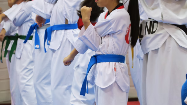 Group of adult, young and child students training in a taekwondo class on tatami wearing uniforms at a school and academy in Madrid